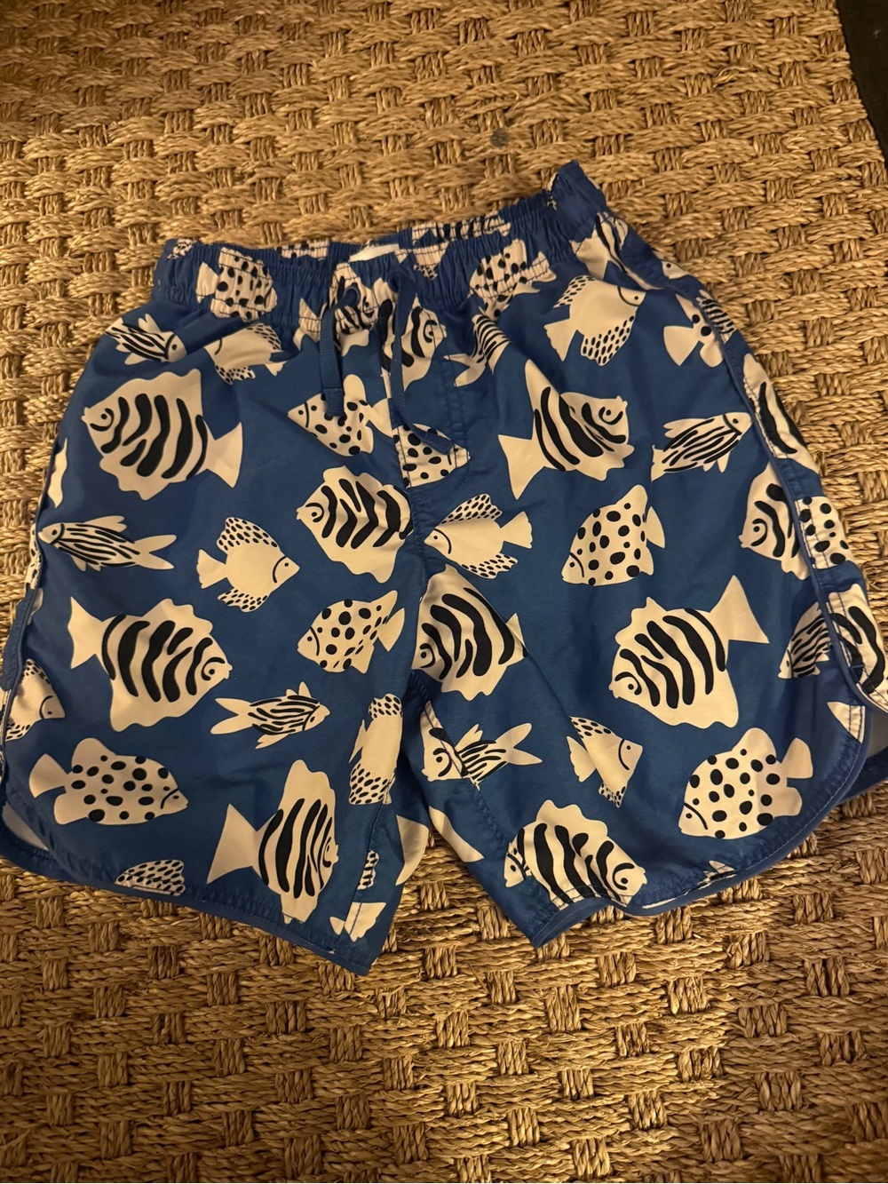 Hanna Andersson Blue and White Fish-Print Swim Shorts